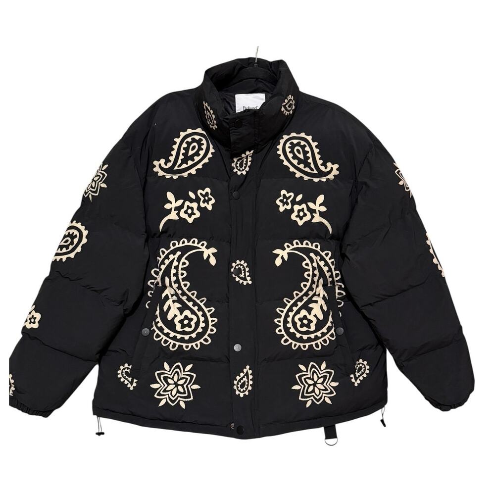 Profound Paisley Print Puffer Coat Black Cream Mens M Streetwear Statement - Picture 2 of 6